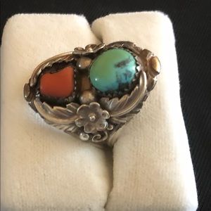 Ornate turquoise and coral ring